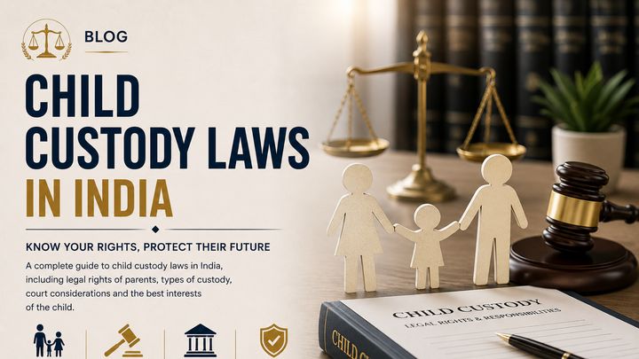 Family figures beside scales of justice and law books