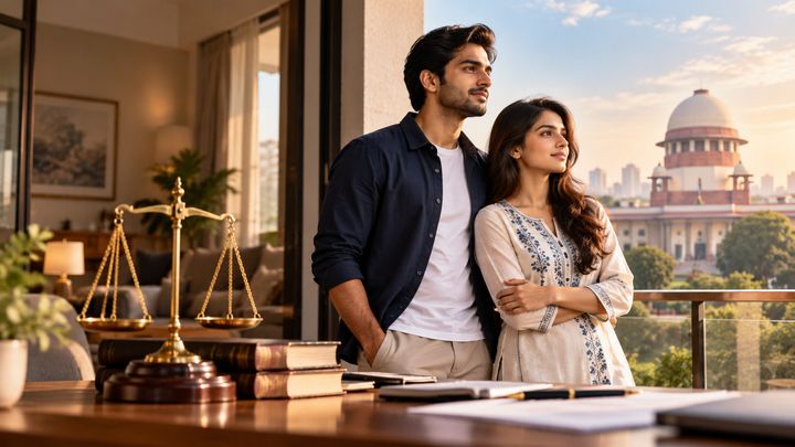 Couple on a balcony with the Supreme Court of India in the background