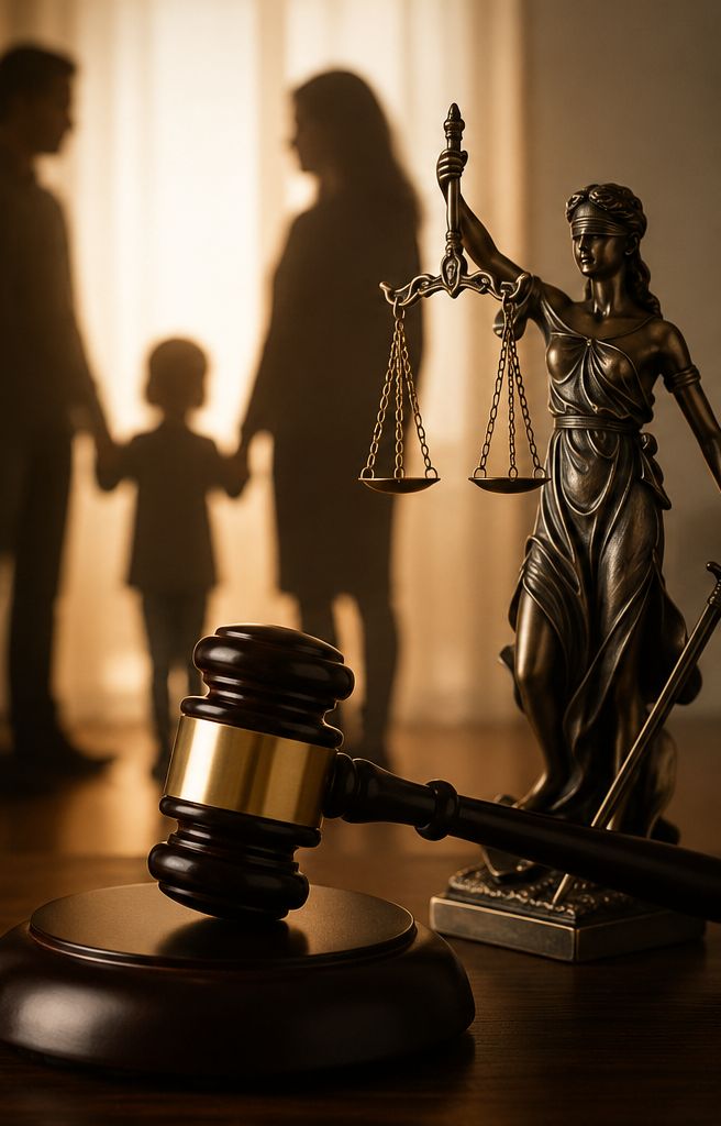 Silhouette of a family beside a Lady Justice statue and gavel