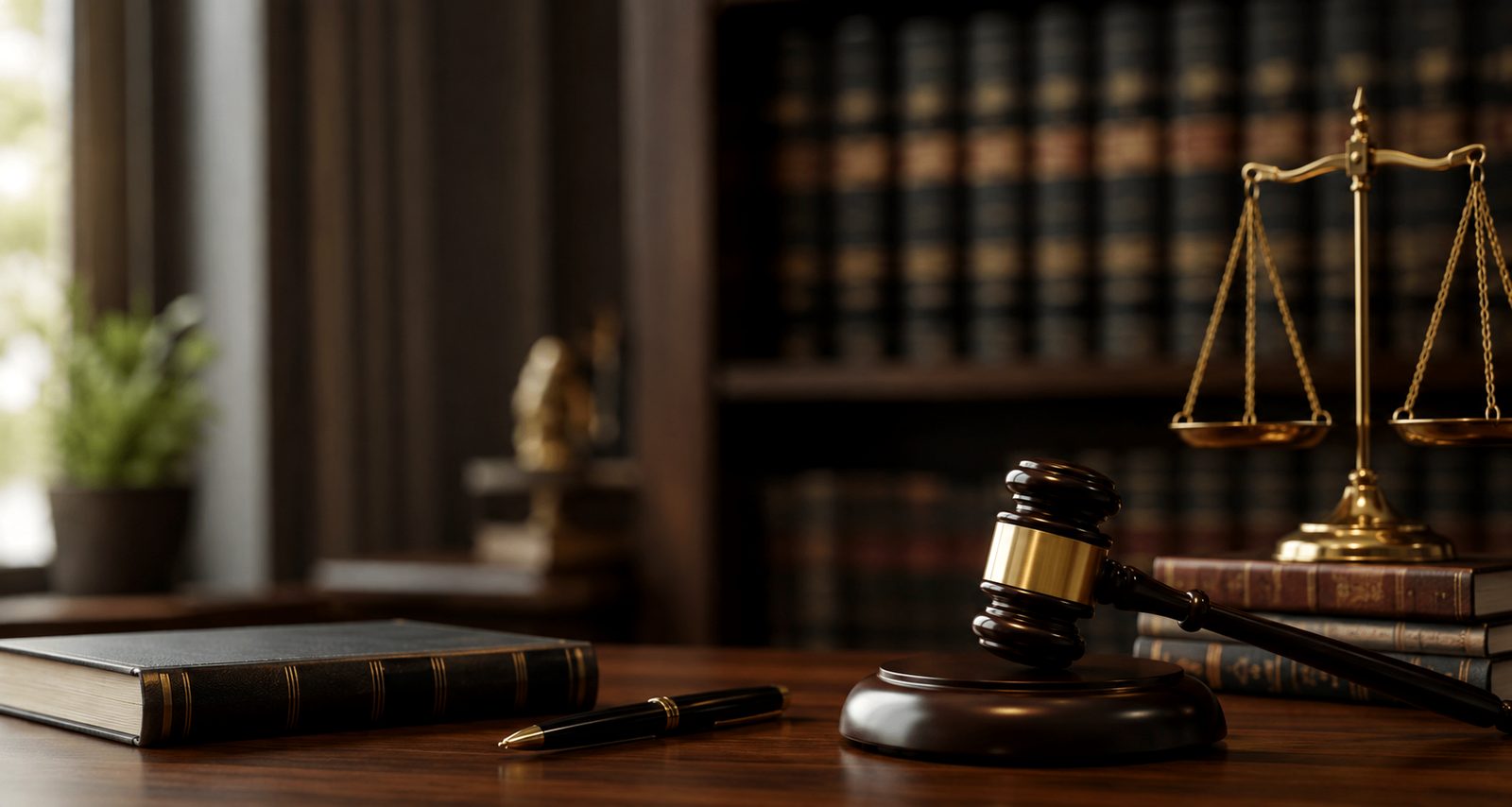 Lawyer's desk with brass scales of justice, a gavel and law books