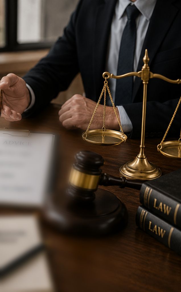 Advocate at a desk with scales of justice, gavel and law books