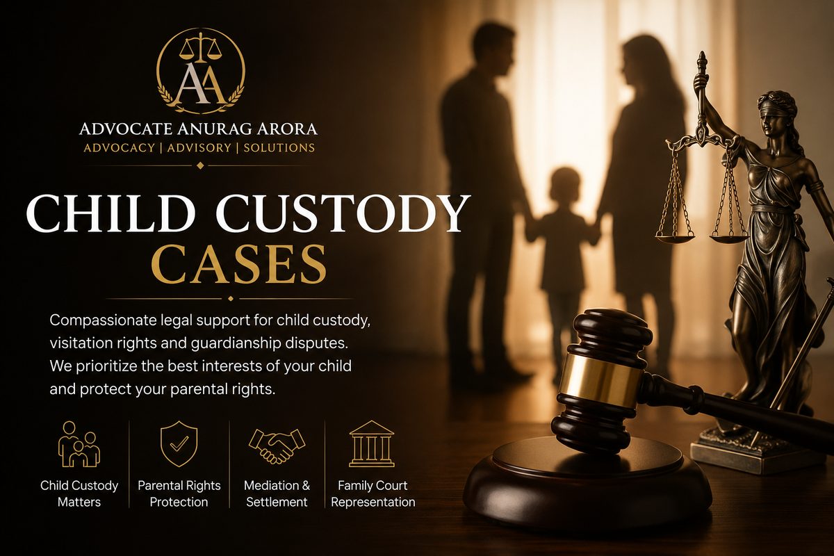 Silhouette of parents holding a child's hands beside a Lady Justice statue and gavel