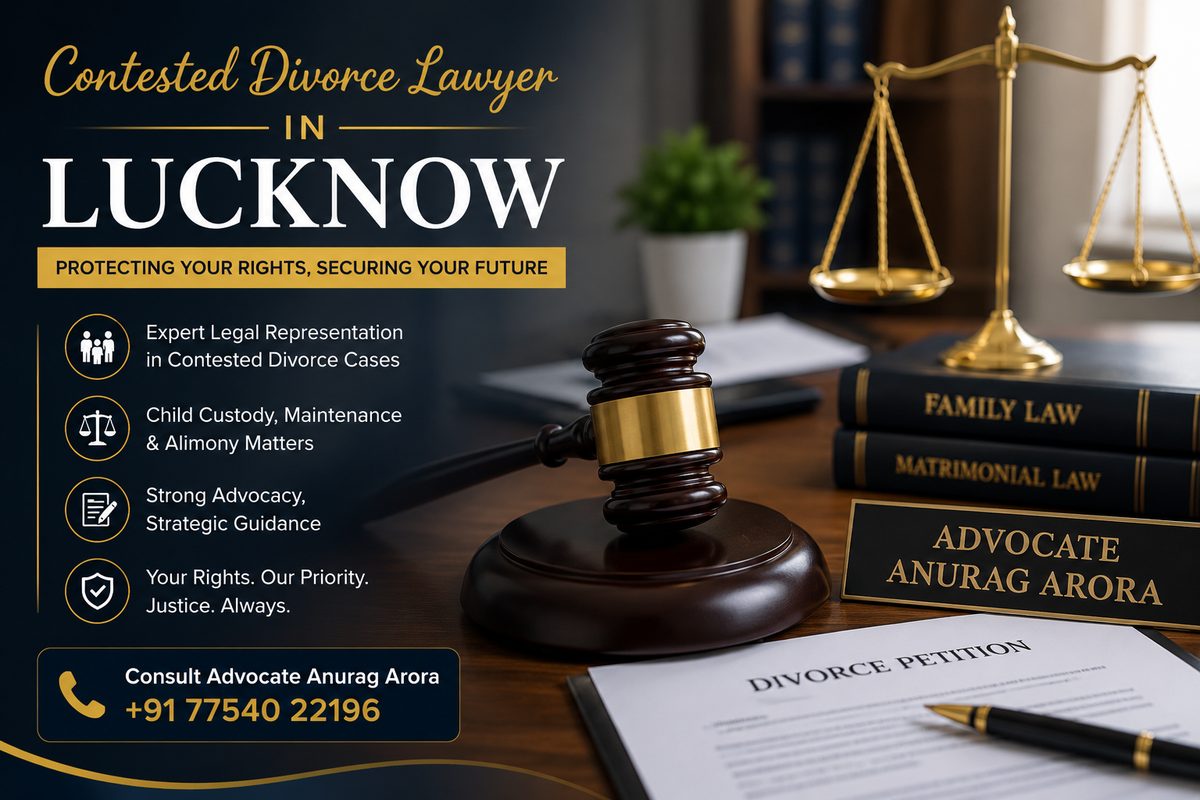 Contested divorce in Lucknow: gavel, scales of justice, family law books and a divorce petition