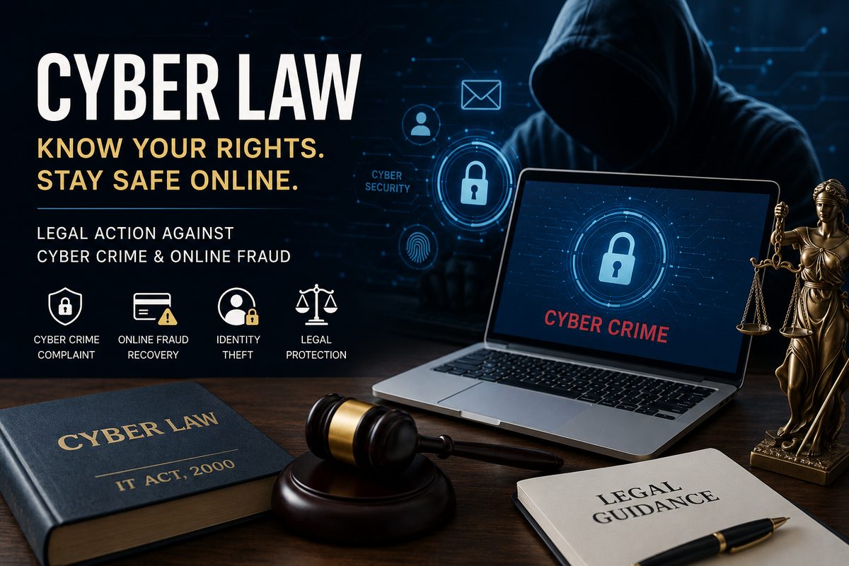 Laptop showing a cyber crime alert beside an IT Act 2000 book, a gavel and a Lady Justice statue
