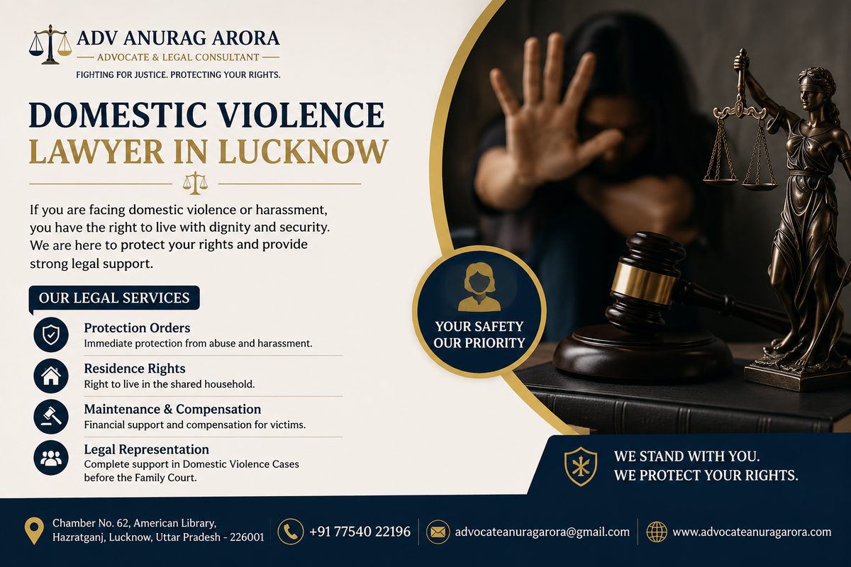Woman raising her hand to stop abuse, beside a gavel and Lady Justice statue