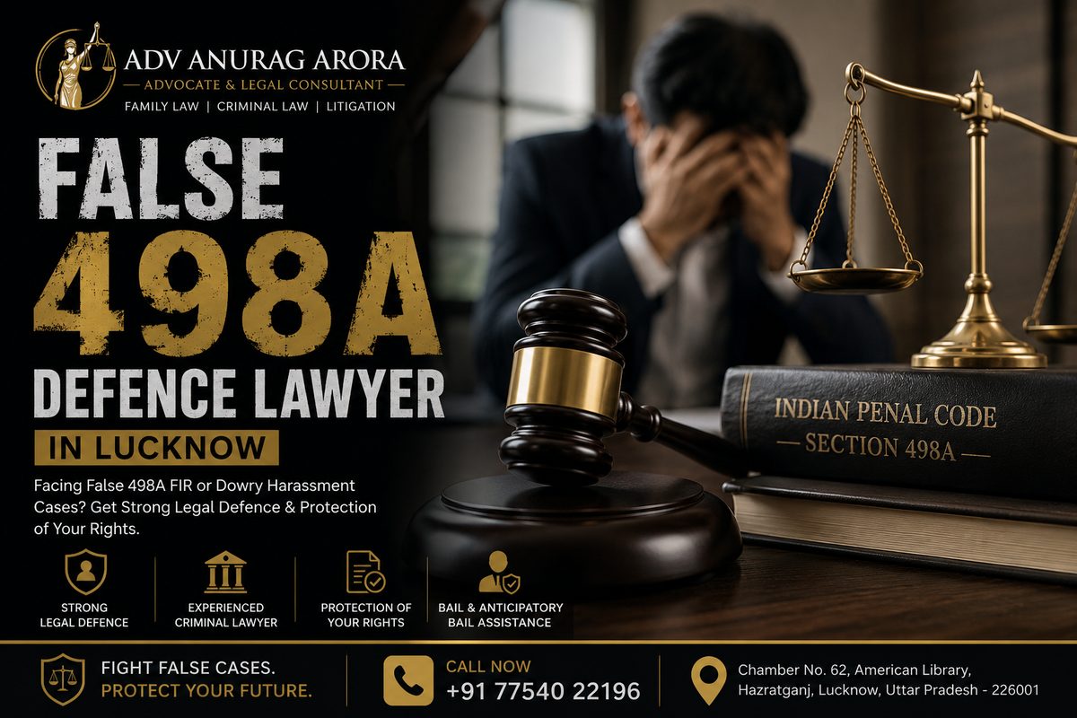 Distressed man with head in hands beside an Indian Penal Code Section 498A book and a gavel
