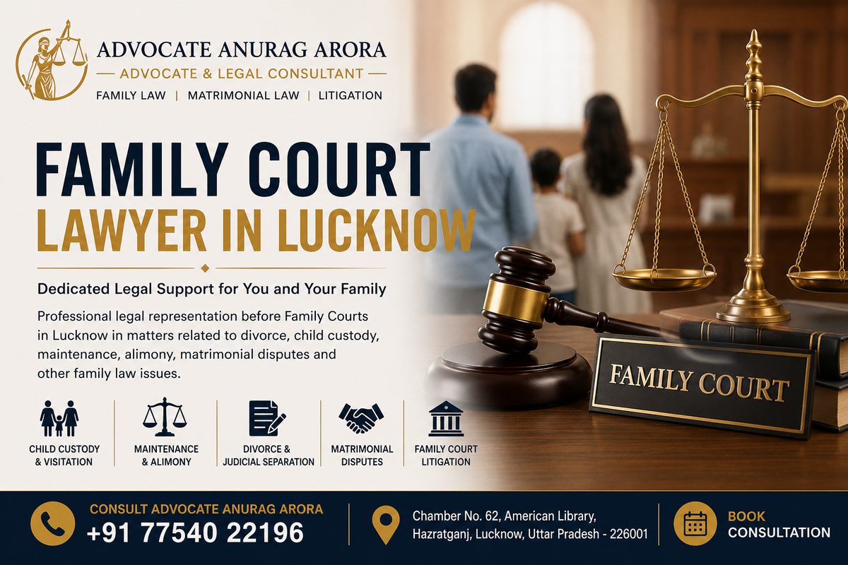 Family court: a family in the background, a gavel and a Family Court nameplate