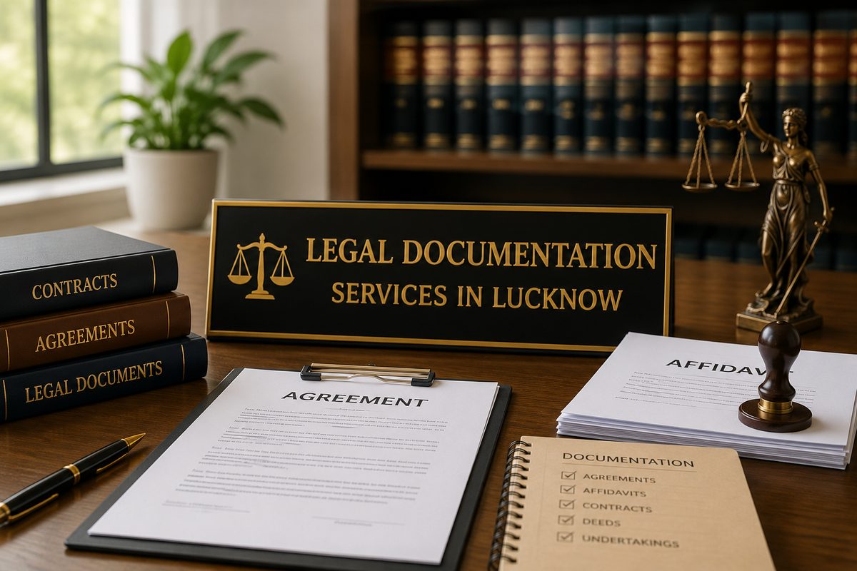Agreement, affidavit and contract files on a lawyer's desk with scales of justice