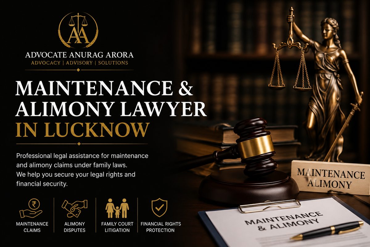 Gavel, Lady Justice statue and maintenance and alimony documents on a desk
