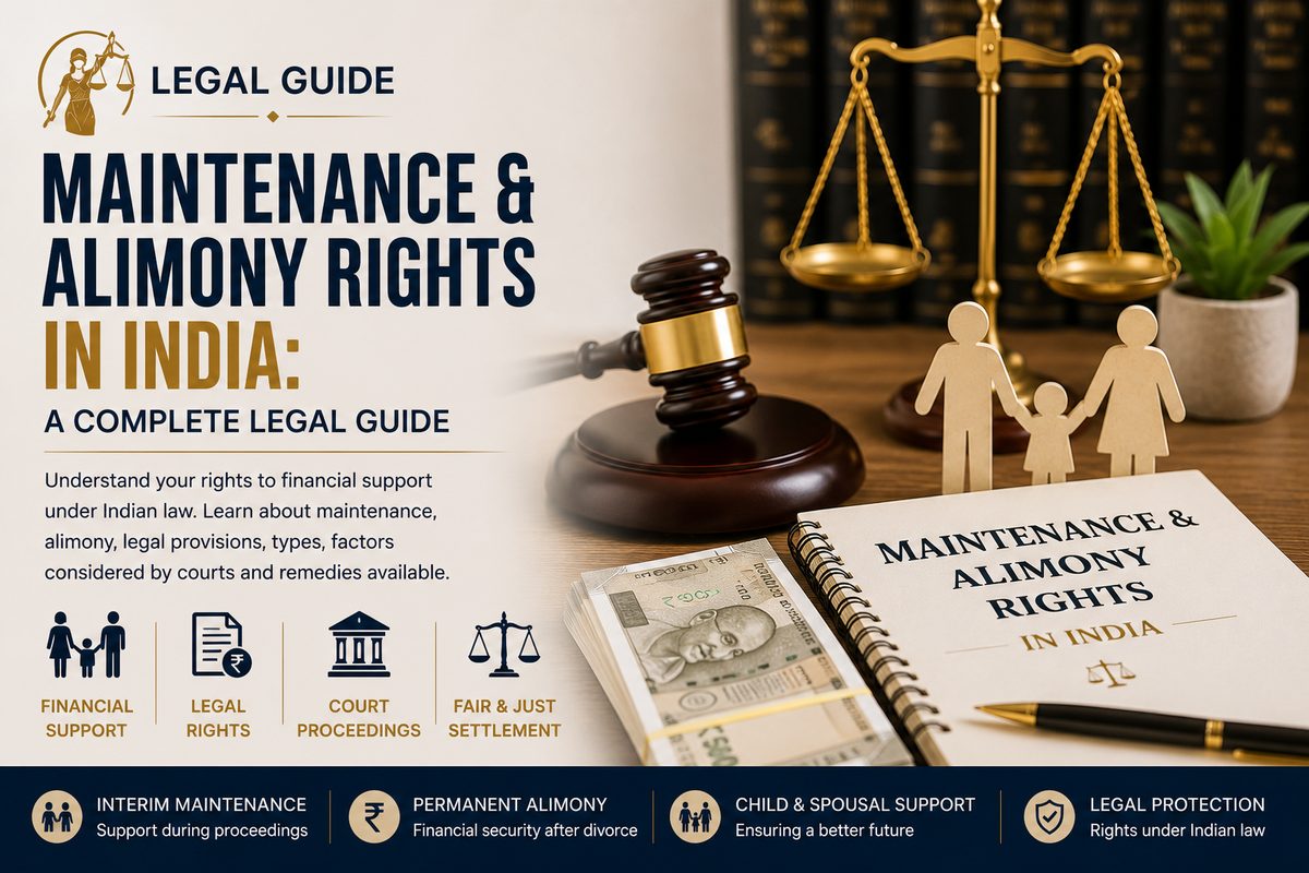 Maintenance and alimony rights in India guide: family figures, a gavel and a maintenance rights handbook