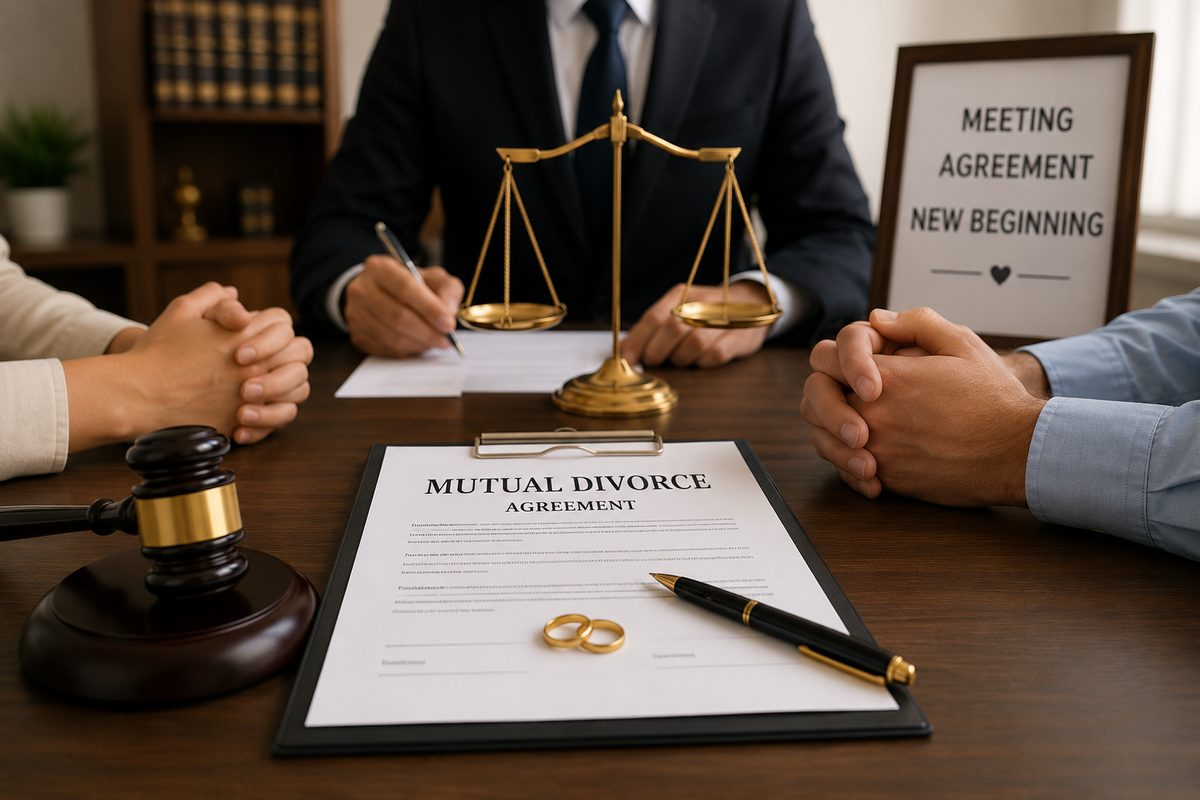 Spouses signing a mutual divorce agreement, with wedding rings, a gavel and scales of justice