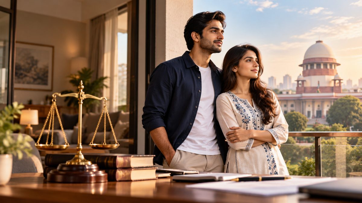Couple standing on a balcony with the Supreme Court of India in the background